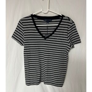 Tommy Hilfiger NWT Womens V-Neck Striped Short Sleeve Flag Tee Black White Sz- L